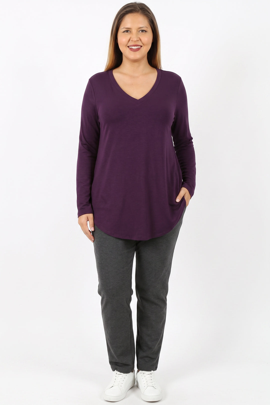 Premium V-Neck Round Hem Long Sleeve Plus Size Top