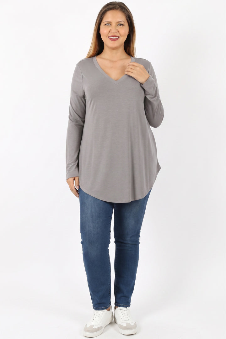 Premium V-Neck Round Hem Long Sleeve Plus Size Top