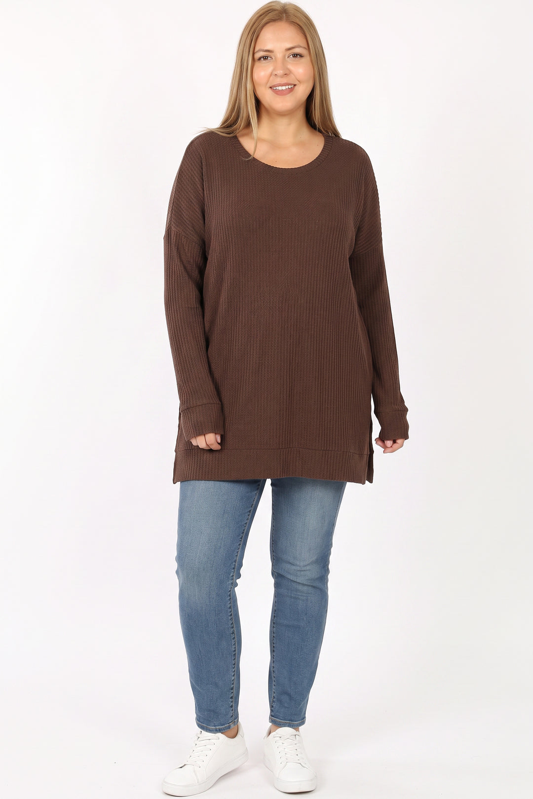 Brushed Thermal Waffle Knit Round Neck Plus Size Sweater
