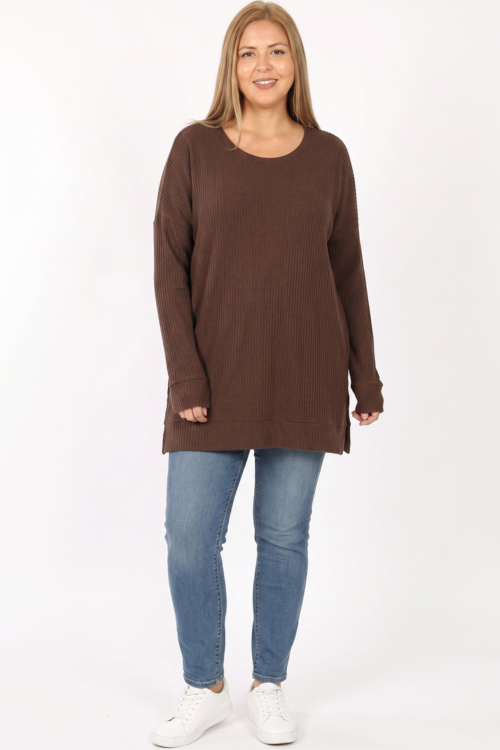 Brushed Thermal Waffle Knit Round Neck Plus Size Sweater