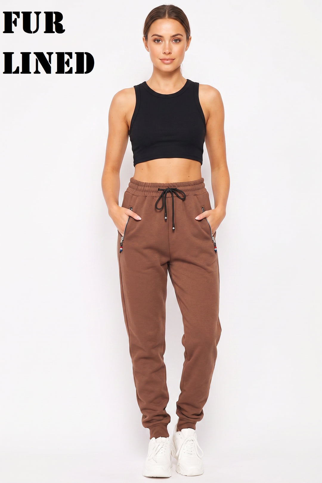Scuba Solid Fur Lined Jogger Pocket Zipper & Drawstring