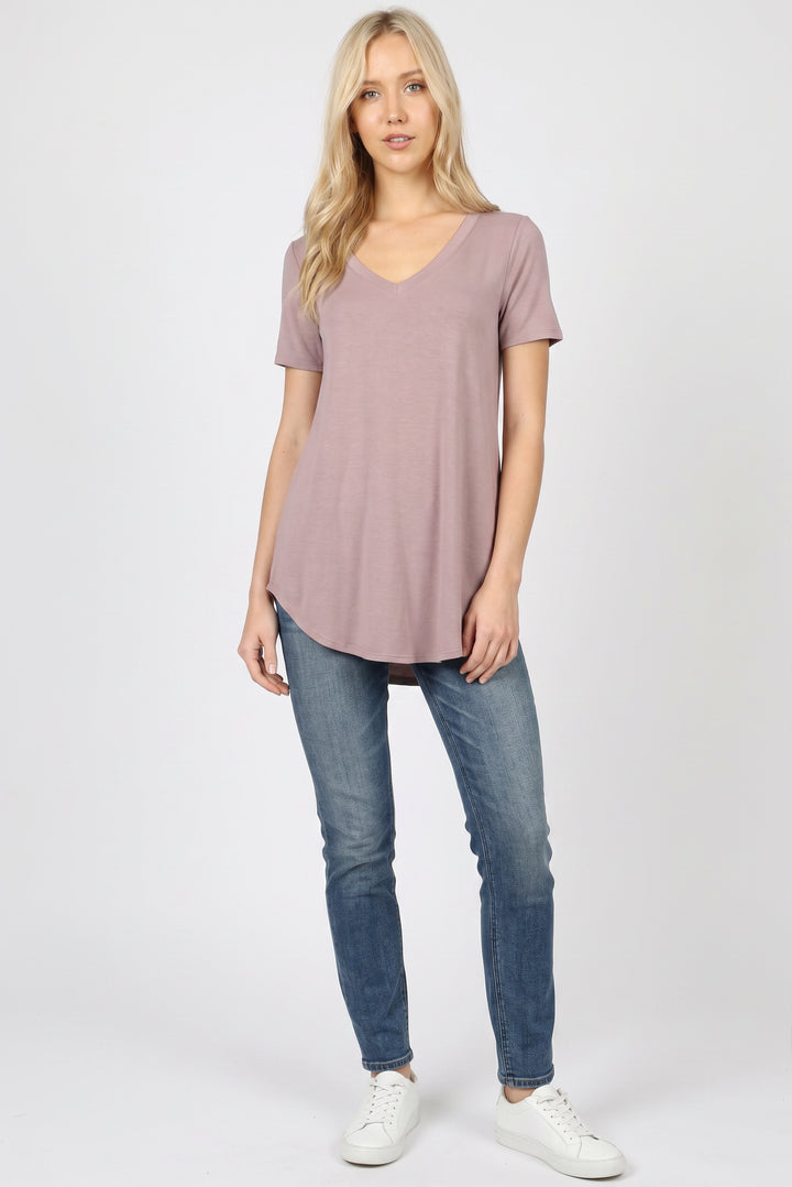 Premium Short Sleeve V-Neck Round Hem Top