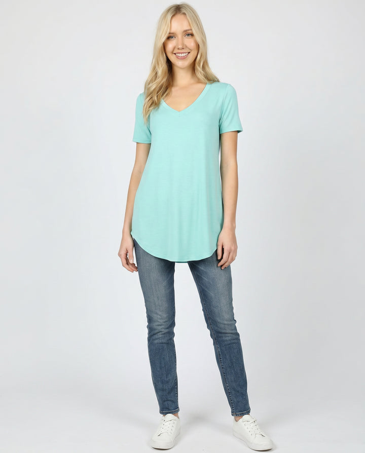 Premium Short Sleeve V-Neck Round Hem Top