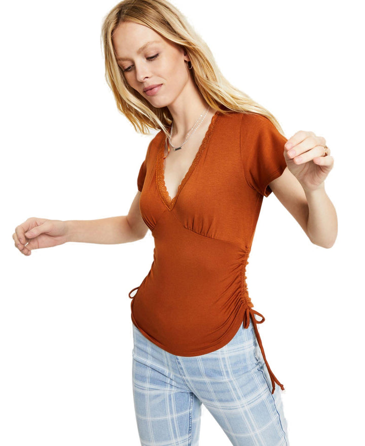 Juniors' Side-Ruched V-Neck T-Shirt