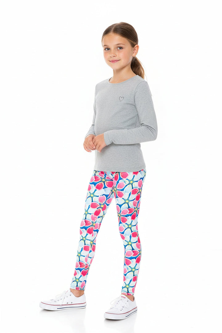 Creamy Soft Pink and Blue Sunshine Floral Kids Leggings - USA Fashion