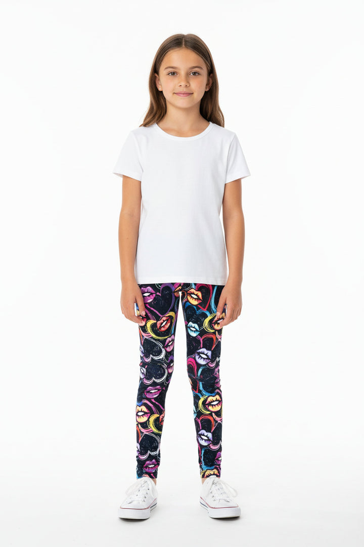 Colorful Cartoon Lips and Hearts Kids Leggings - USA Fashion