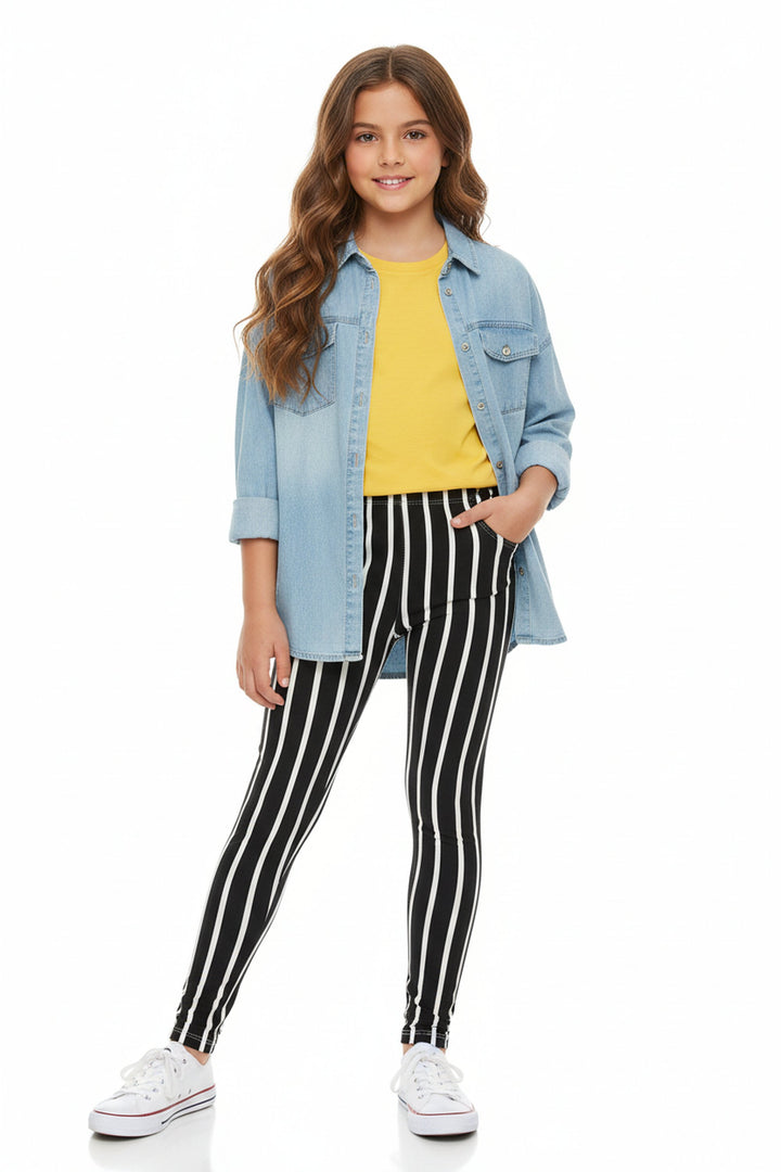 Buttery Soft Black Vertical Pinstripe Kids Leggings