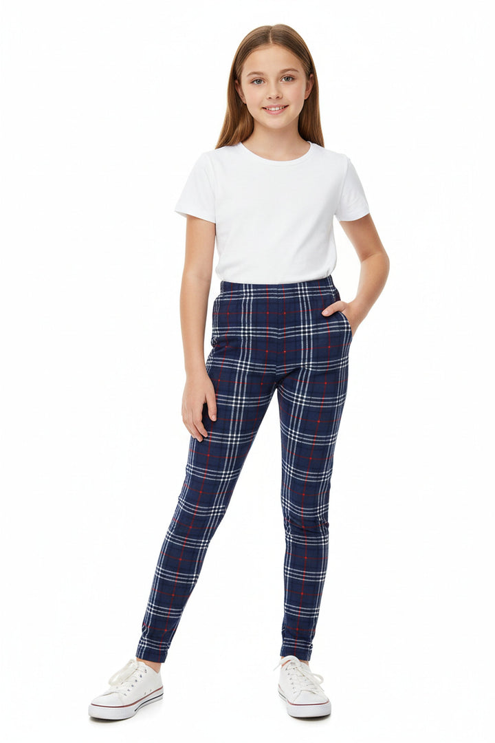 Buttery Soft Navy Blue Plaid Kids Leggings