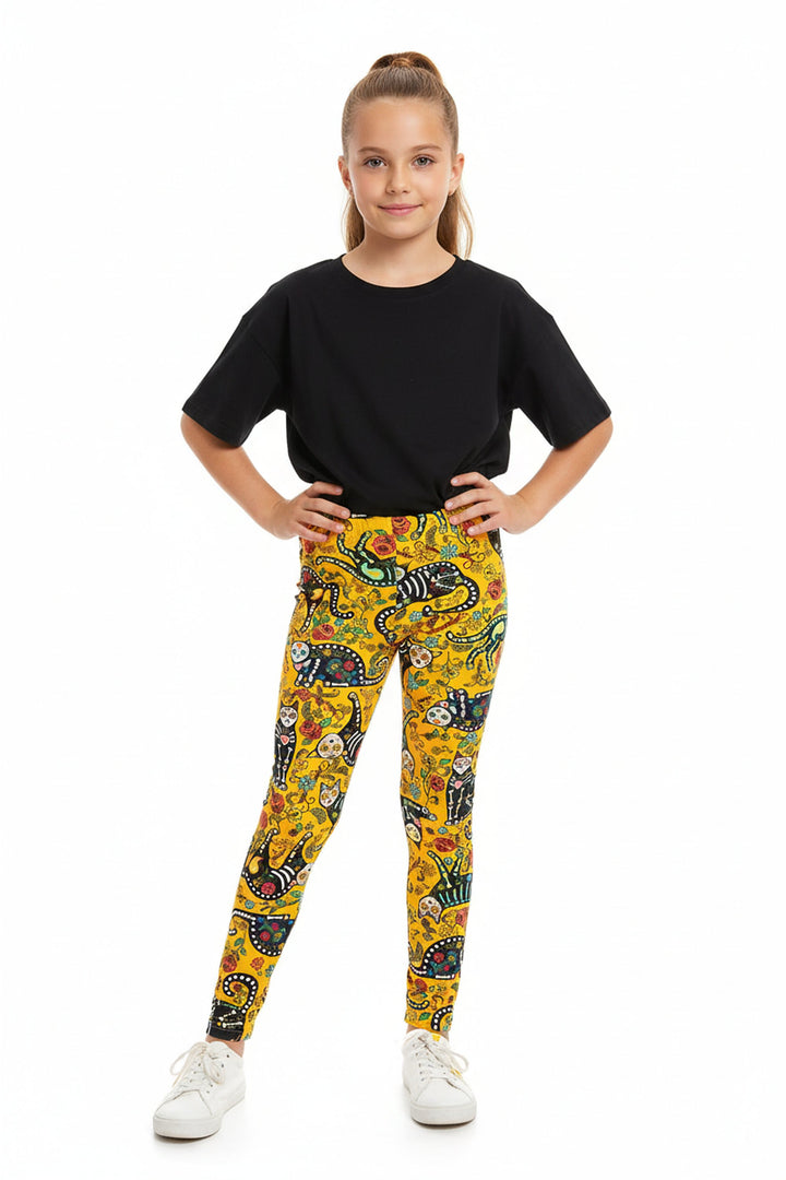 Buttery Soft Kitty Cat Mustard Sugar Skull Kids Leggings