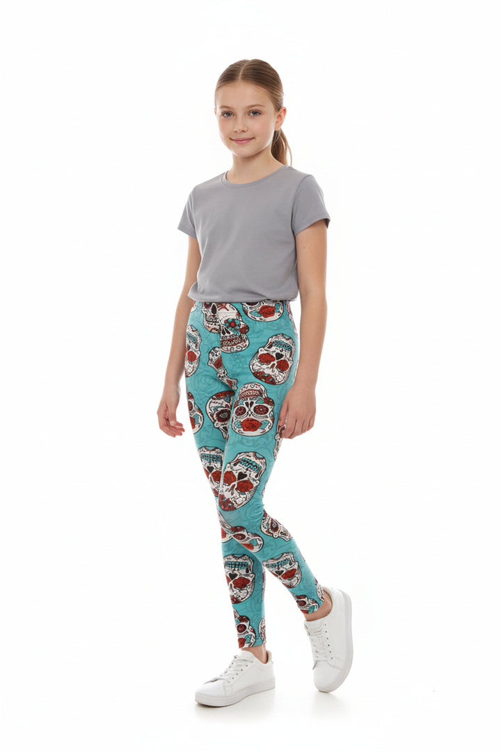 Buttery Soft Teal Sugar Skull Kid's Leggings
