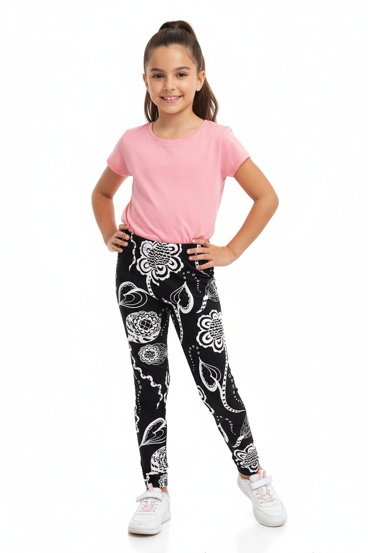 Buttery Soft Black and White Elegant Floral Kids Leggings