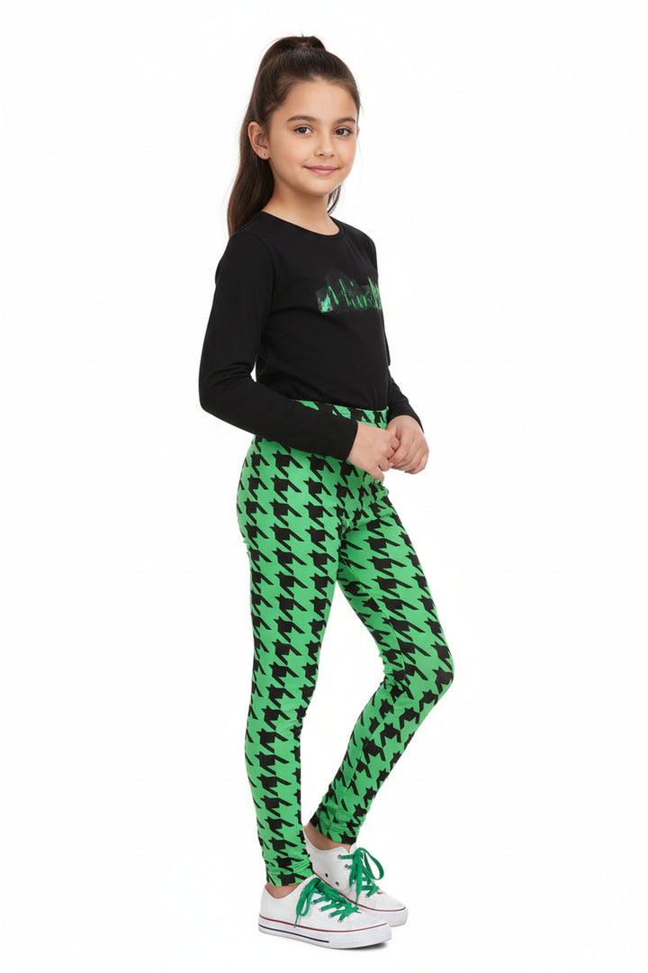 Buttery Soft Green Houndstooth Kids Leggings