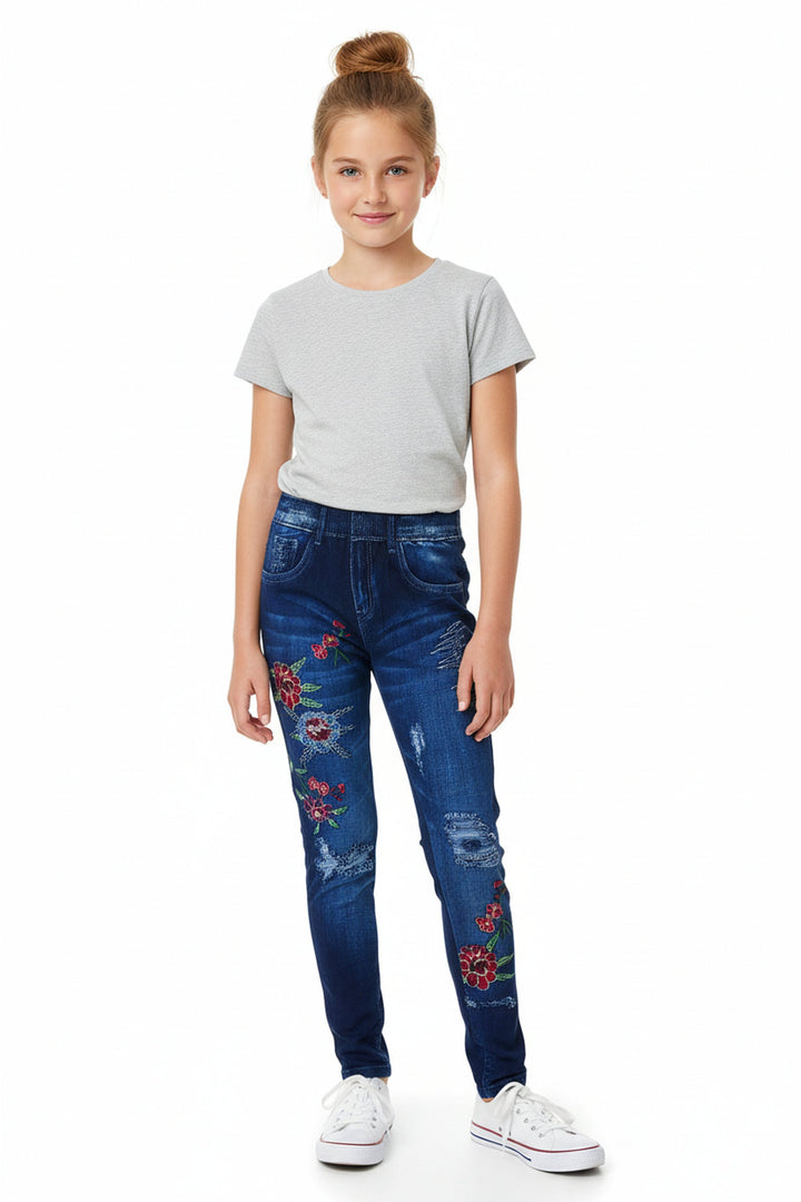 Buttery Soft Shredded Floral Faux Denim Kids Leggings