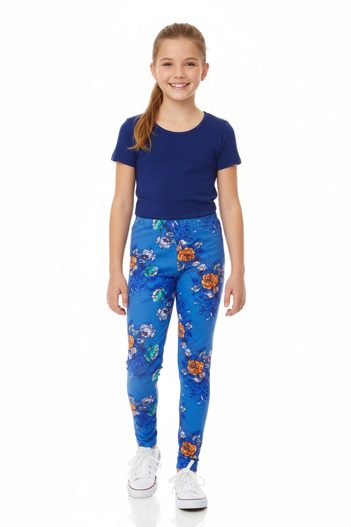 Buttery Soft Denim Blue Floral Rose Kids Leggings