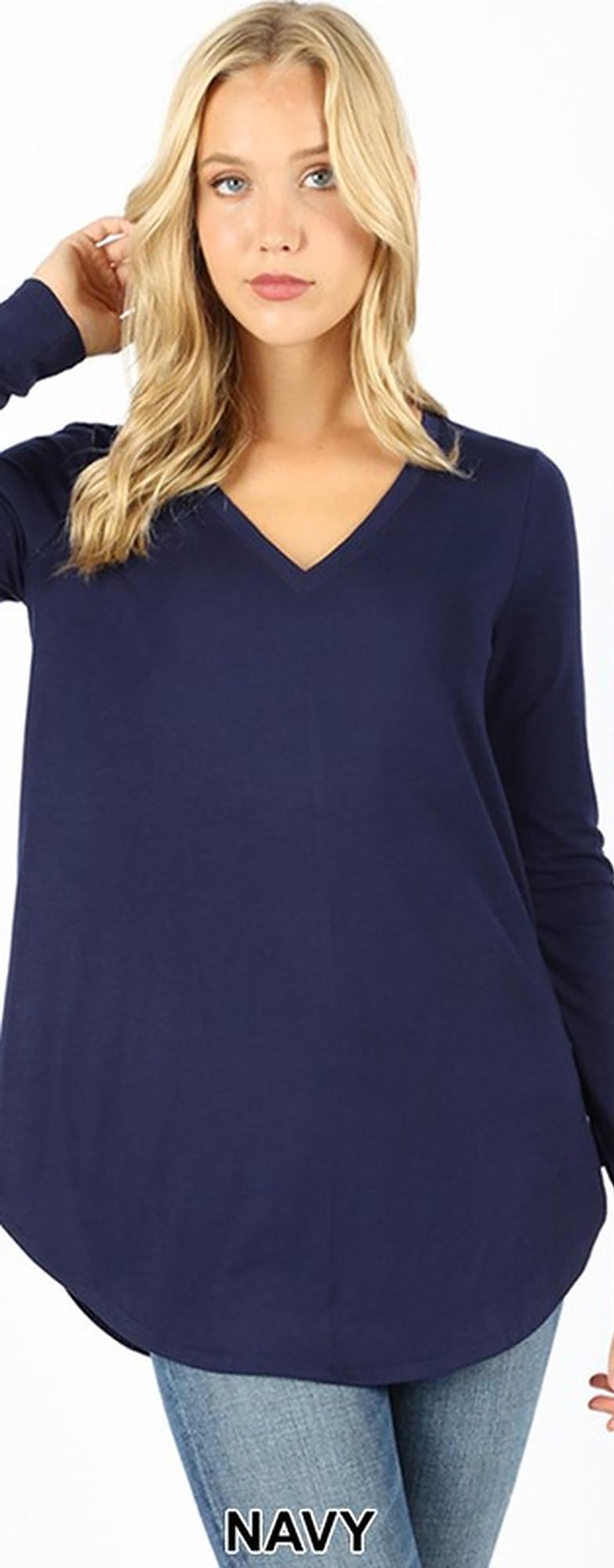 Premium V-Neck Round Hem Long Sleeve Plus Size Top