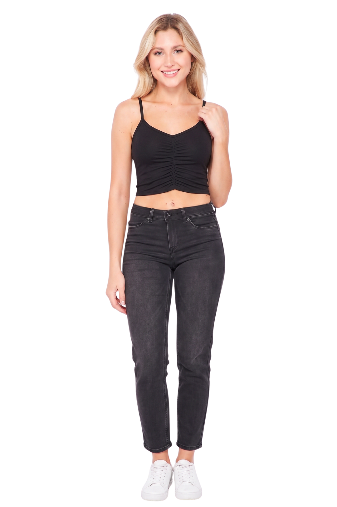 Solid Ruched Ribbed Cotton Spaghetti Strap Cropped Camisole